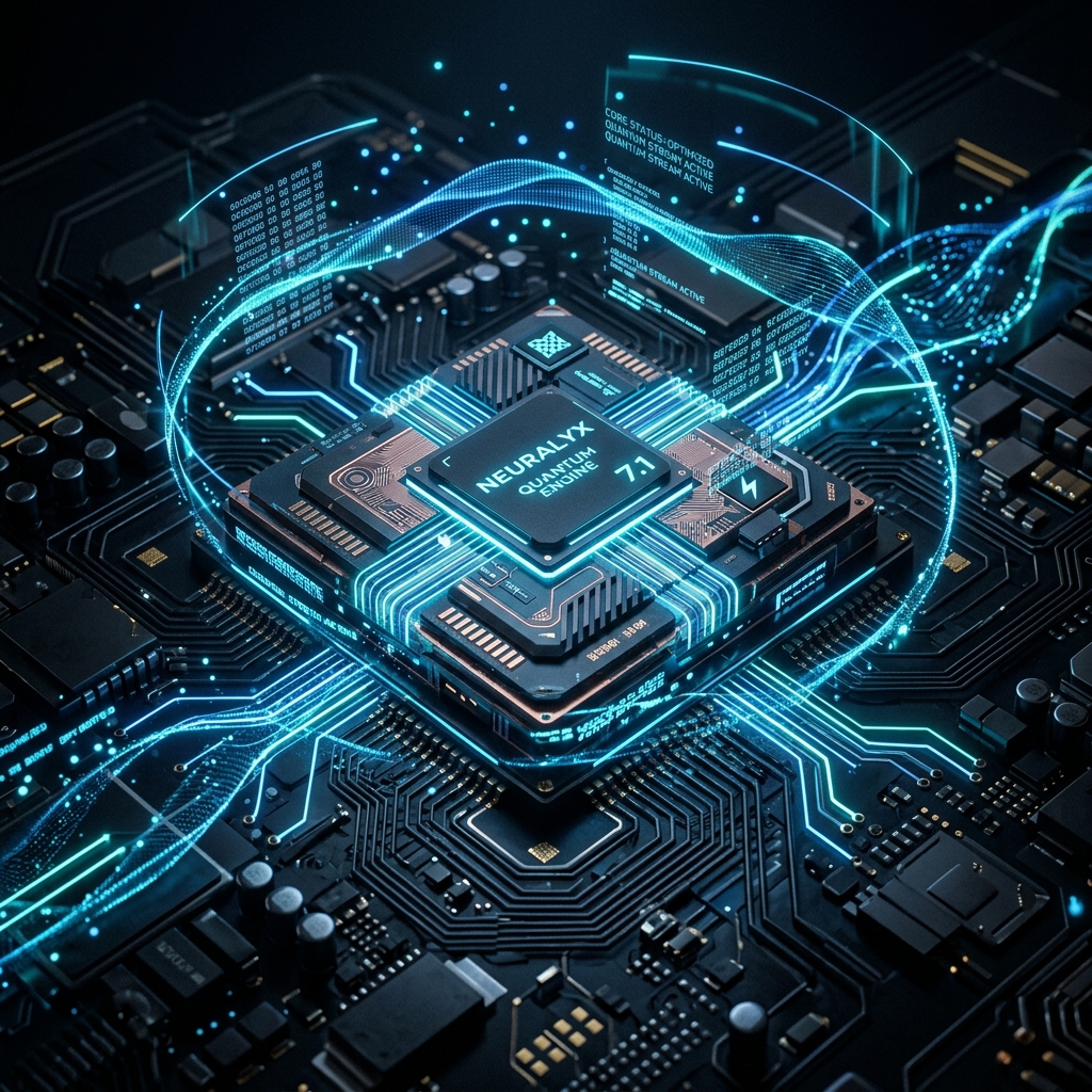 Futuristic microchip glowing on a dark circuit board
